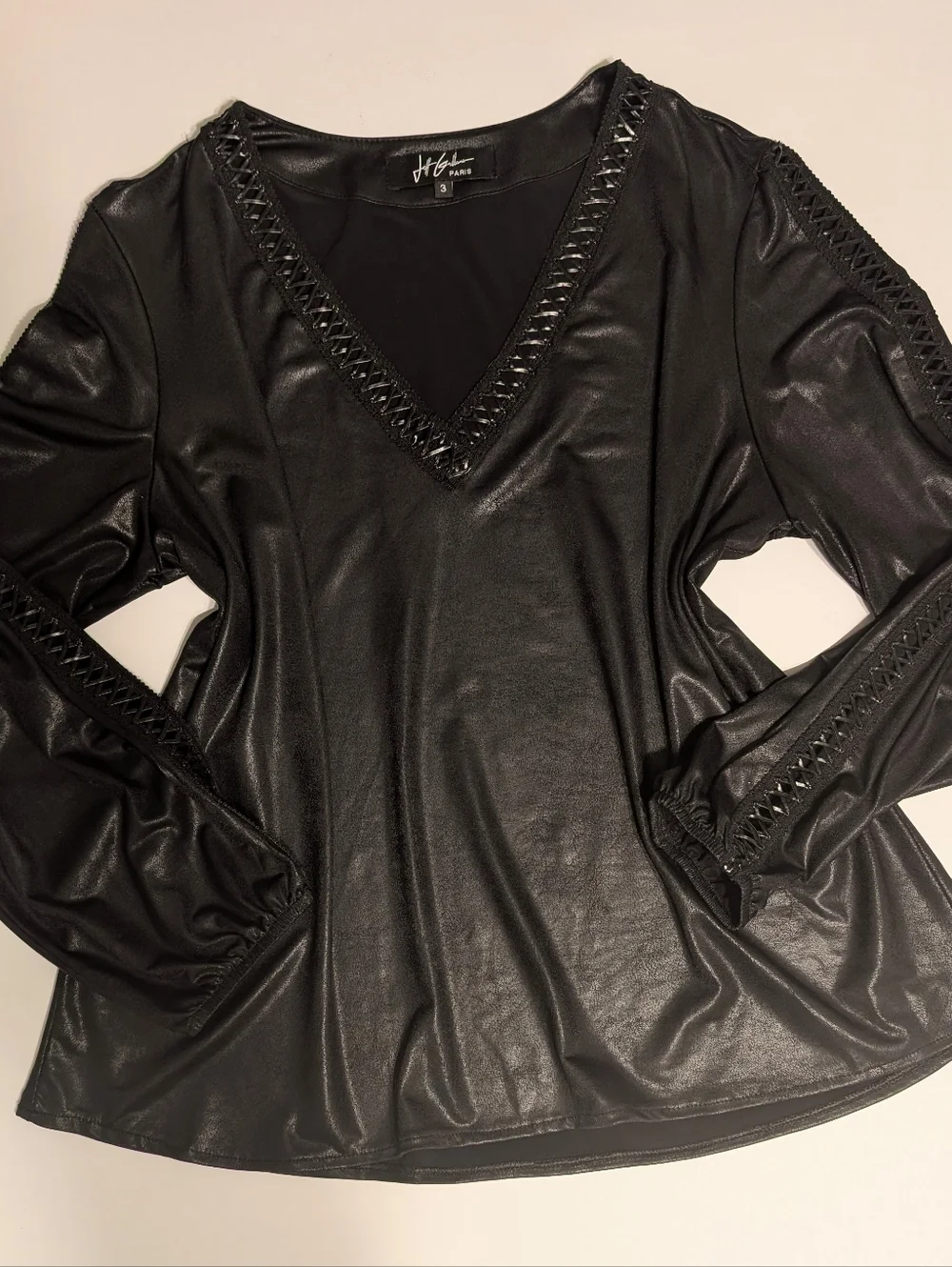 Jeff Gallano Paris Vintage Y2K Edgy Black Sleek Leather Like Whimsigoth Top